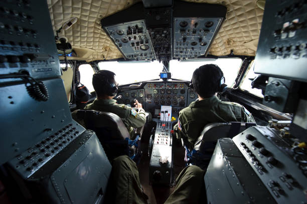 Royal Thai Air Force Hawker Siddeley HS748 cockpit in flight from Don Mueang Airport to Surat Thani International Airport stock photo