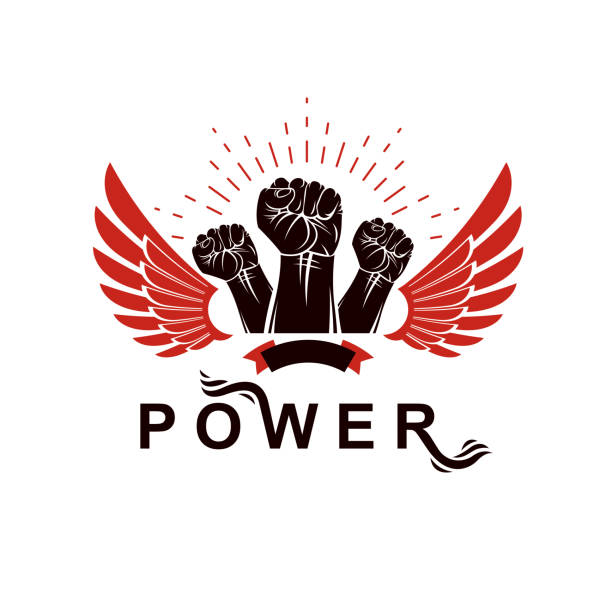 istock Winged clenched fists of angry people vector emblem. People demonstration, fighting for their rights and freedom. 910805750