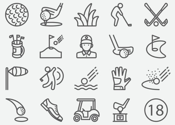 ilustraciones, imágenes clip art, dibujos animados e iconos de stock de golf sport line iconos - putting golf golfer golf swing