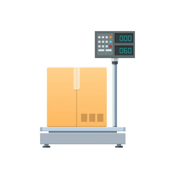 Vector illustration of Electronic-digital cargo scales. Measuring device for cargo, boxes, packages, freight
