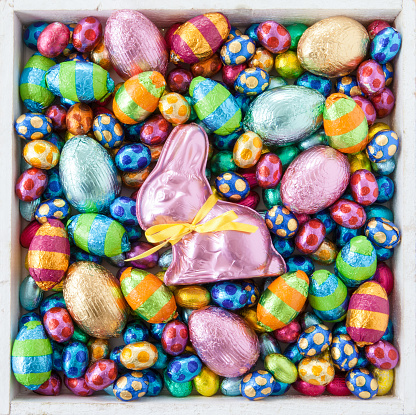 Bright cheerful easter eggs and chocolate bunny