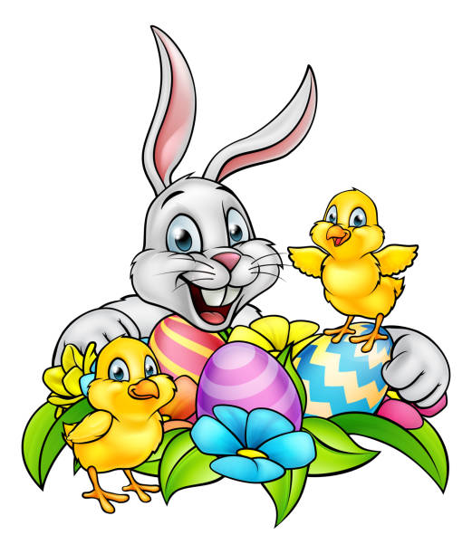 Easter Bunny Eggs and Chicks Cartoon Easter Bunny, Chicks, Easter Eggs and spring flowers easter easter egg eggs basket stock illustrations