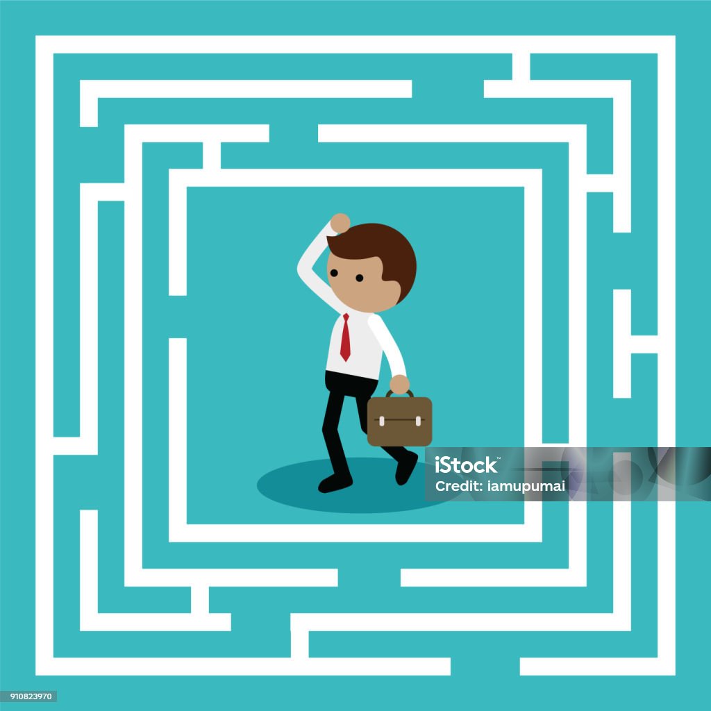 Businessman standing in center of the maze Businessman standing in center of the maze find way out Maze stock vector