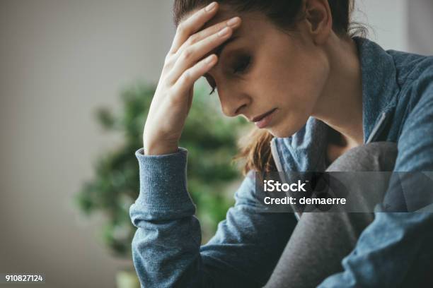 Depressed Woman At Home Stock Photo - Download Image Now - Women, Depression - Sadness, Domestic Violence