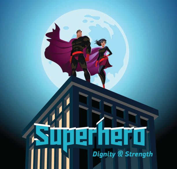 illustrations, cliparts, dessins animés et icônes de couple de super-héros. super-héros masculins et féminins. ciel nuageux. - superhero human muscle men city