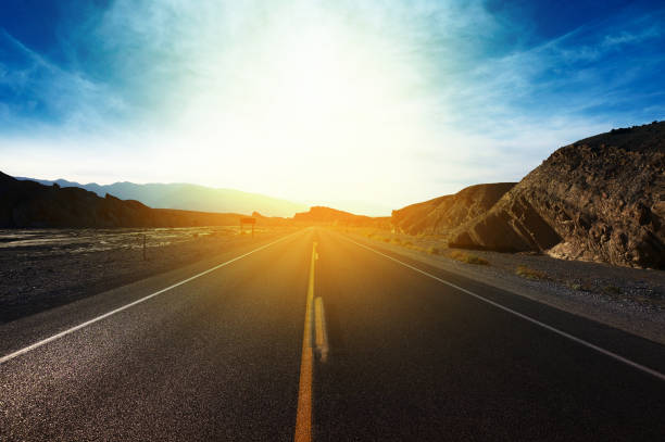 istock Travel concept background - road in blooming spring meadow on sunset 910836760