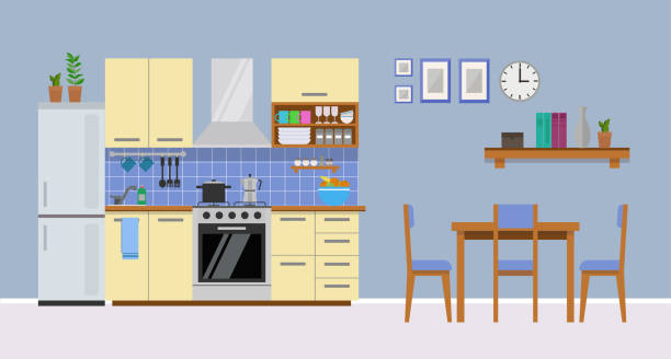 nowoczesne przytulne wnętrze kuchni z jadalnią, płaskim stylem, szablonem do projektowania grafiki wektorowej - modular domestic kitchen residential structure house stock illustrations