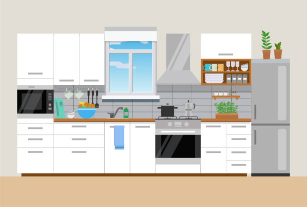 moderne gemütliche küche interieur, flachen stil, vektor-grafik-design-vorlage - kitchen stock-grafiken, -clipart, -cartoons und -symbole