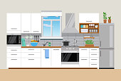 istock Modern cozy kitchen interior, flat style, vector graphic design template 910839218