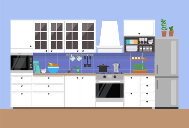 przytulne wnętrze kuchni w stylu prowansalskim francuskim. płaski styl, szablon projektowania graficznego wektorowego - modular domestic kitchen residential structure house stock illustrations