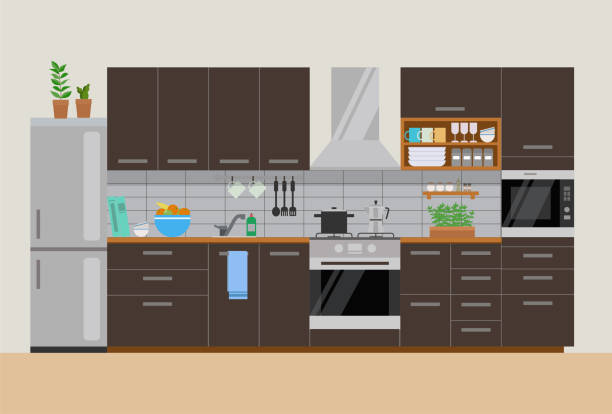 nowoczesne przytulne wnętrze kuchni w kolorze ciemnobrązowym, płaskim, szablon graficzny wektor - modular domestic kitchen residential structure house stock illustrations