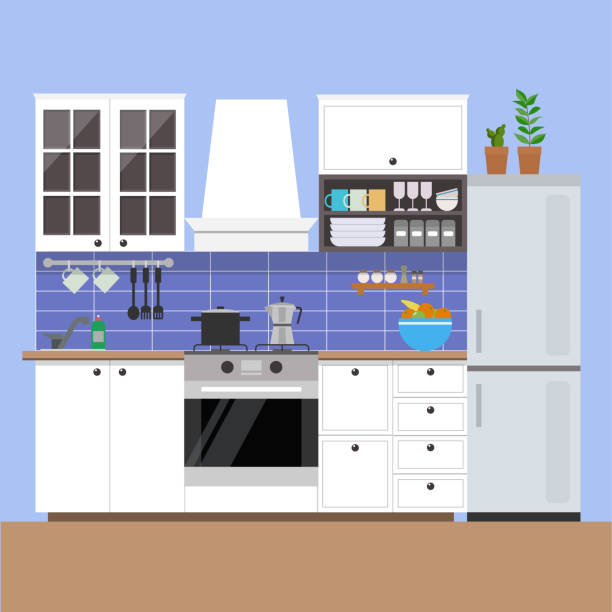 przytulne wnętrze kuchni w stylu prowansalskim francuskim. płaski styl, szablon projektowania graficznego wektorowego - modular domestic kitchen residential structure house stock illustrations