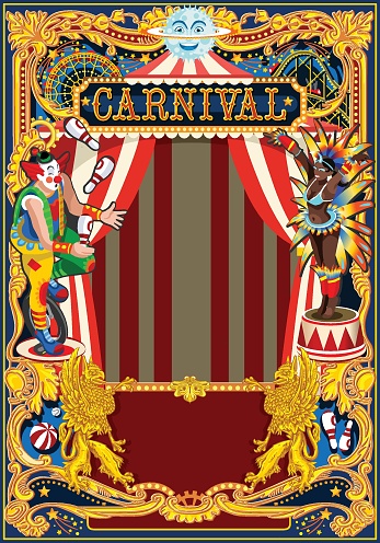 Carnival poster template. Circus vintage theme for kids birthday party invitation or post. Quality vector illustration.