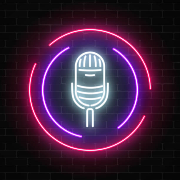 Neon sign with microphone in round frame. Nightclub with live music icon. Neon sign with microphone in round frame. Nightclub with live music icon. Glowing street sign of bar with karaoke and live singers. Sound cafe icon. Rock show poster. Vector illustration. microphone borders stock illustrations