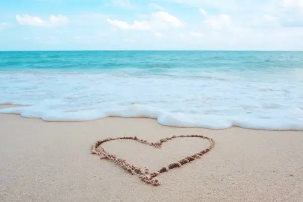 Photo of The hand writing heart shaped on the beach by the sea with white waves and blue sky background