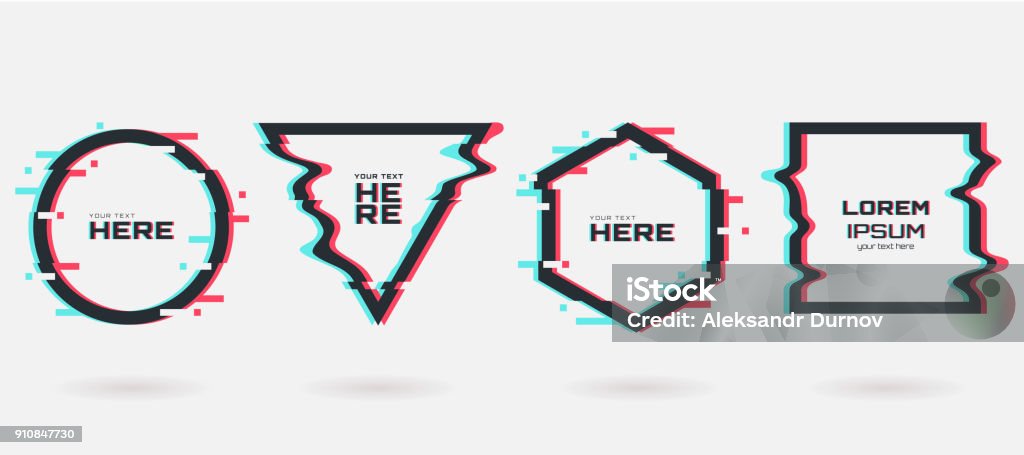 Vector glitch frames set. Geometric shapes with Tv distortion effect. Circle, triangle, rhombus and square with vhs glitch effect. Applicable for banner design,invitation, party flyer etc. Border - Frame stock vector