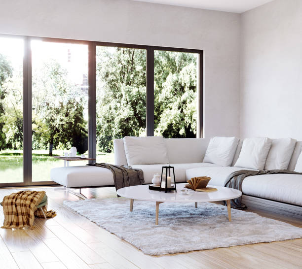istock Modern interior living room, garden view 910851042