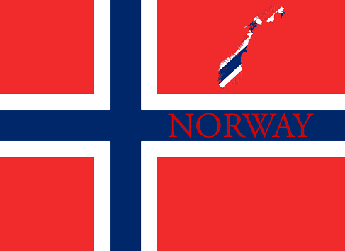 Flag of Norway. Blue Scandinavian Cross Over the Dannebrog With Norwegian Map and Country Name On It 3D illustration