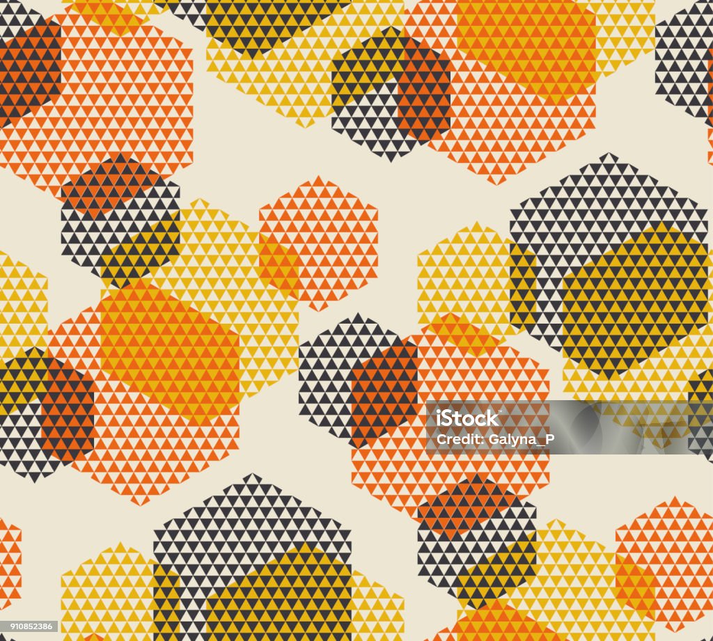 Geometric seamless pattern vector illustration in retro 60s style. Vintage 1970s geometry shapes graphic abstract repeatable motif for carpet, wrapping paper, fabric, background. Hexagon stock vector