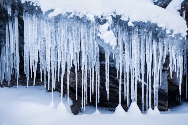 Row of frosty icicles in nature