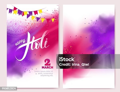 istock Happy Holi colorful posters with realistic  powder paint clouds and calligraphic text. 910852804