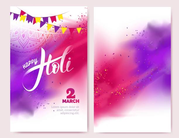 Happy Holi colorful posters with realistic  powder paint clouds and calligraphic text. Happy Holi colorful posters with realistic  powder paint clouds and calligraphic text. Pink and  purple powder paint. Vector illustration holi stock illustrations