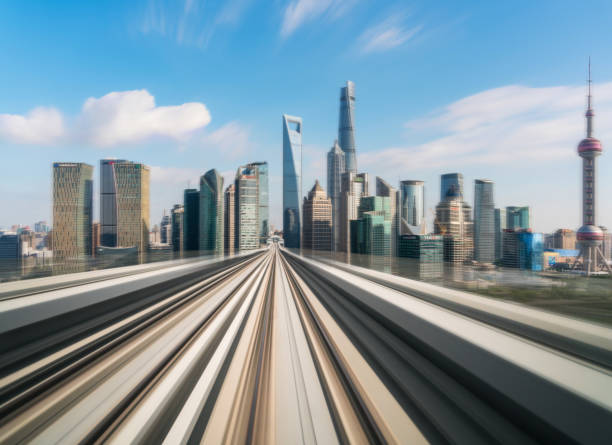 Motion blur of train moving to City