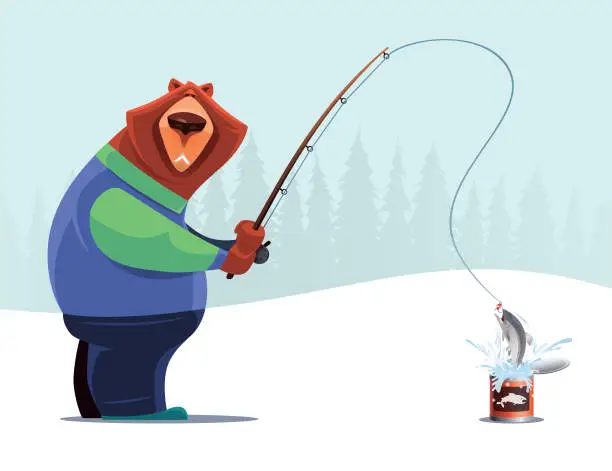 Vector illustration of bear fishing from can