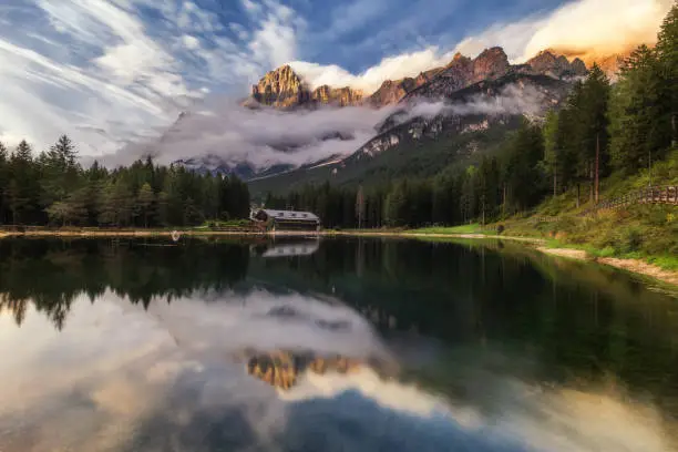 Lake San Vito di Cadore (lake Mosigo) in Boite valley in the domain of Mount Antelao also called King of the Dolomites. Italian Dolomites Alps Scenery, Italy, Europe.