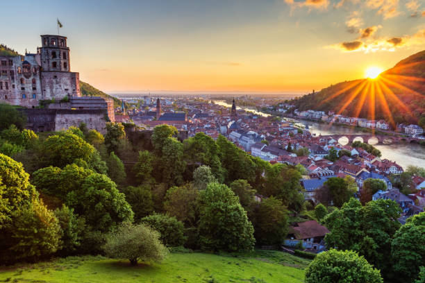 vista panoramica della bellissima città medievale di heidelberg tra cui il ponte vecchio di carl theodor, il fiume neckar, la chiesa dello spirito santo, la germania - europe germany castle nobody foto e immagini stock