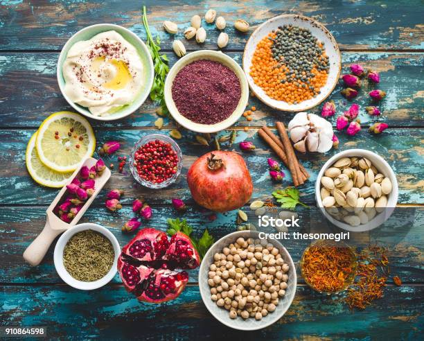 Arab Ingredients For Middle Eastern Food Stock Photo - Download Image Now - Food, Lebanon - Country, Israel