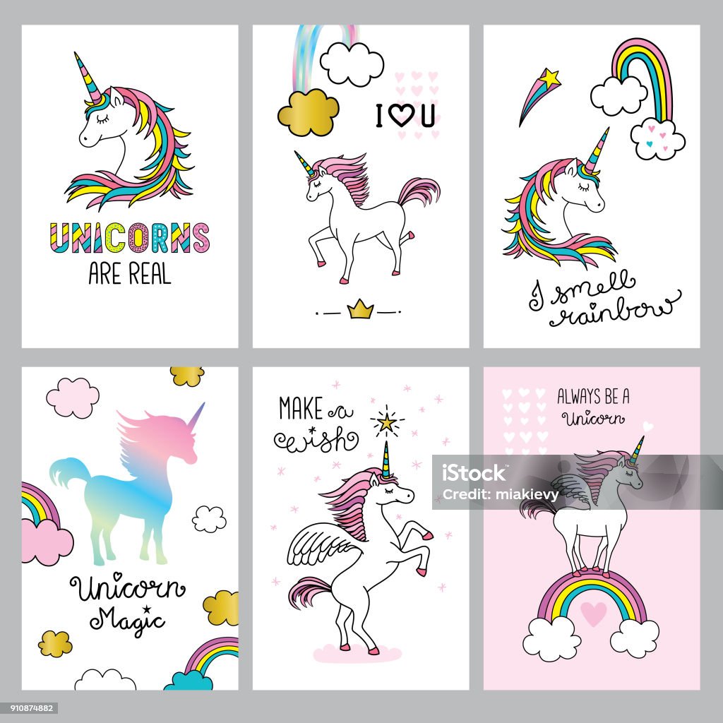 Set of cute unicorn quotes Editable set of vector illustrations on layers. Unicorn stock vector