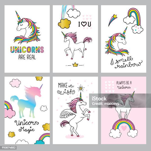 Set Of Cute Unicorn Quotes Stock Illustration - Download Image Now - Unicorn, Drawing - Art Product, Greeting Card