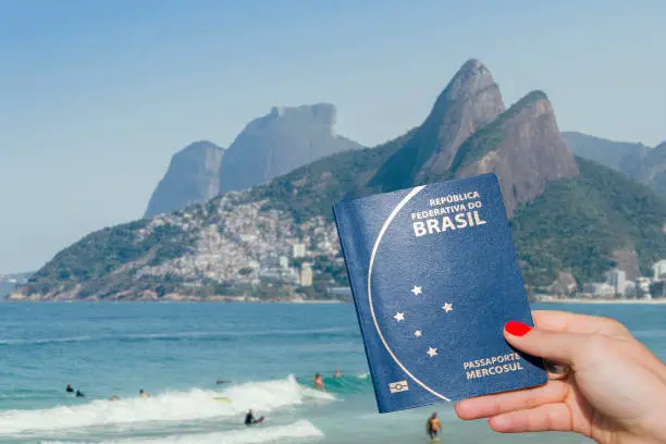 Photo of Brazilian passport travel composite with Ipanema, Rio de Janeiro background