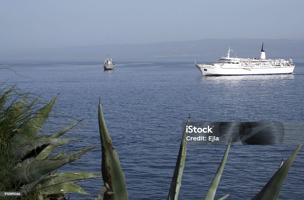 Ferry boat Mediterranean seascape with a ferryboat and a cargo-ship Agave Plant Stock Photo