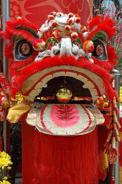 istock Head of chinese lion in red 91090265