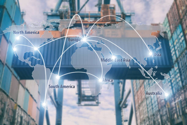 istock Network connection partnership logistics and world map with port in background.Network connection logistics technology concept (Elements of this image furnished by NASA) 910903456