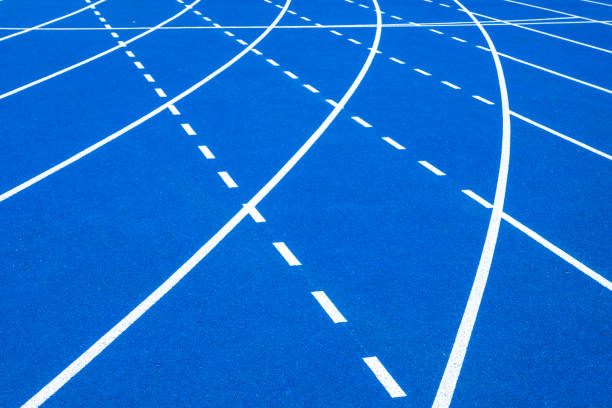 New beginnings concept. white starting line. word start and finish on a running track in a stadium. top view. Business goal and target concept. Start a new chapter concept.
