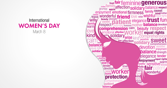 International Women's Day title with a silhouette of a woman's face and a cloud of words inside the silhouette in pink and violet colors on a white background