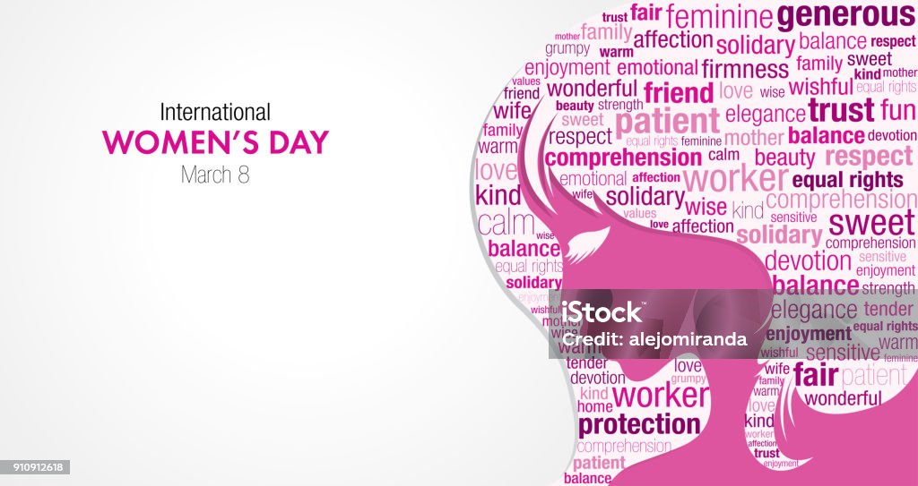 International Women's Day title with a silhouette of a woman's face and a cloud of words inside the silhouette in pink and violet colors International Women's Day title with a silhouette of a woman's face and a cloud of words inside the silhouette in pink and violet colors on a white background International Womens Day stock vector