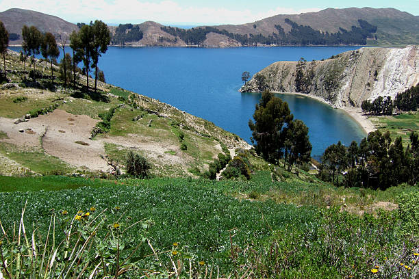 Isla del Sol (Bolivia) with hills and Titicaca Lake stock photo