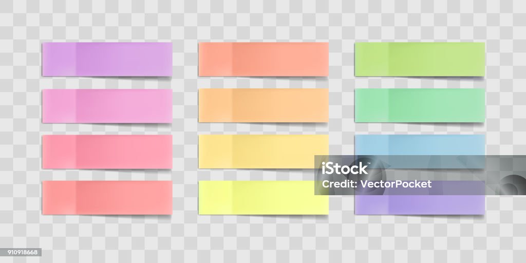 Vector colorful sticky notes, stickers with shadows isolated on a transparent background. Multicolor paper adhesive tape Vector colorful sticky notes, post stickers with shadows isolated on a transparent background. Multicolor paper adhesive tape, rectangle empty office blanks, reminder lists. Great for banner Adhesive Note stock vector