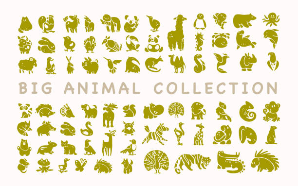 векторная коллекция плоских симпатичных икон животных изолирована на белом фоне. - elephant animal isolated white background stock illustrations