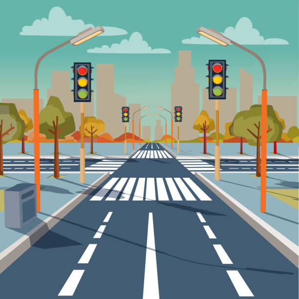 Vector city crossroad with traffic lights Vector illustration of city crossroad with traffic lights, road markings, sidewalk for pedestrians, without any cars and people. Cityscape, empty street, highway, urban concept in flat style crossroad illustrations stock illustrations