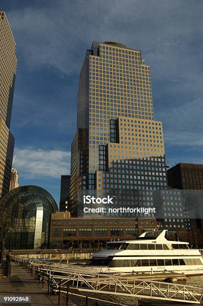 Tourist Boat Docked At World Financial Center Stock Photo - Download Image Now - Architecture, Blue, Business