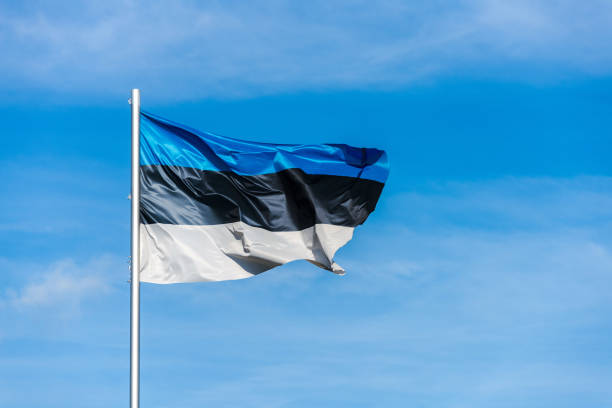 istock Estonian flag waggling in the wind with sky in background 910934082