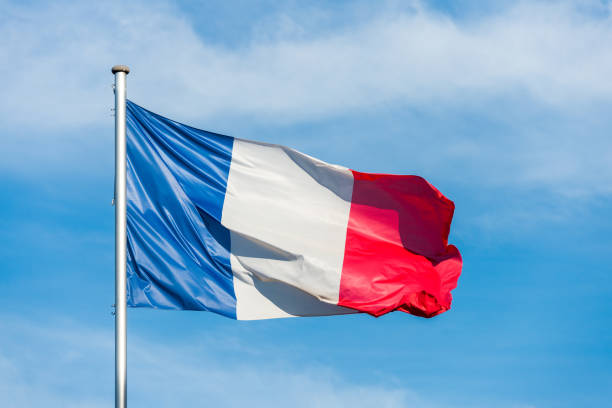 istock French flag waggling in the wind with sky in background 910939622