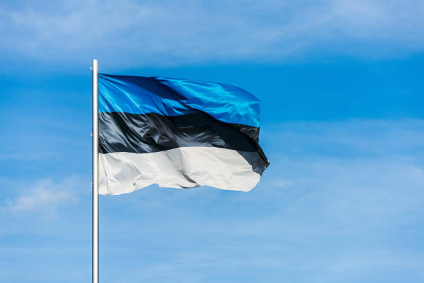 istock Estonian flag waggling in the wind with sky in background 910942592