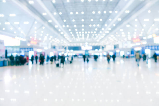 Defocused modern airport hallway