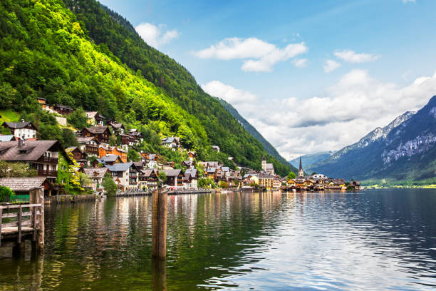 Hallstatt Village and Hallstatter See lake in Austria Hallstatt Village and Hallstatter See lake in Austria dachstein mountains photos stock pictures, royalty-free photos & images